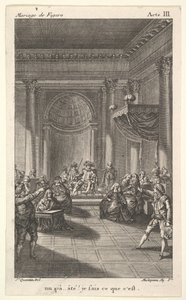 Mężczyzna siedzący na krześle na schodkowej platformie trzyma publiczność, dwaj wskazujący mężczyźni stoją..., ca. 1784.