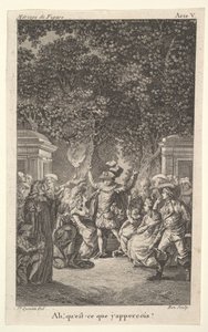 Młody chłopak trzyma pochodnię pod drzewami w ogrodzie, pośrodku mężczyzna unosi obie ręce, s..., ok. godz. 1784.