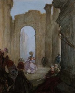 Dziewczyny oglądające tancerkę wśród klasycznych ruin (kolor lito) autorstwa Claude Shepperson