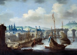 Widok na miasto Rouen Statki zacumowane są na brzegach Sekwany. Obraz Claude
