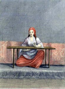Haftowanie tureckiej kobiety, ryty przez C. du Bose, początek XVIII w. (grafika) autorstwa Claude du Bose