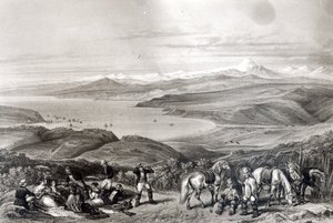 Widok z daleka na wulkan Aconcagua, z „Historii de Chile” grawerowanej przez F. Lehnerta autorstwa Claudio Gay