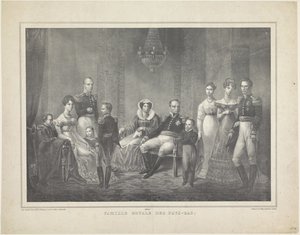 Portret rodzinny Wilhelma I Fryderyka, króla Holandii, Wilhelminy Pruskiej, ich synów z żonami, córki i czwórki wnucząt autorstwa Claudio Linati