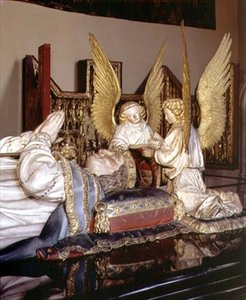 Szczegół wizerunku i dwóch aniołów, z grobu Filipa Śmiałego, księcia Burgundii (1342-1404), autorstwa Jeana de Marville (zm.1389), Clausa Slutera (zm.1405/6) i Clausa de Werve (ok. .1380-1439), oddany do użytku dla klasztoru Champmol autorstwa Claus and Marville Jean de Sluter