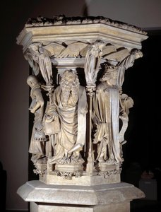 Flamandzka sztuka gotycka: cokół z wyobrażeniami Daniela, Zachariasza, Izajasza, Mojżesza (na pierwszym planie), Jeremiego i Dawida autorstwa Clausa Slutera (1350-1406) znanych jako Puits Mojżesza (lub Studnia Proroków)
