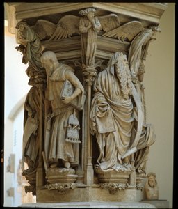 Studnia Mojżesza - rzeźba uznana za arcydzieło holenderskiego artysty Clausa Slutera (1340-1405/6) - Flamandzka sztuka gotycka: cokół z przedstawieniami Daniela, Zachariasza, Izajasza (po lewej), Mojżesza (po prawej), Jeremiego i Dawida autorstwa Mikołaj S
