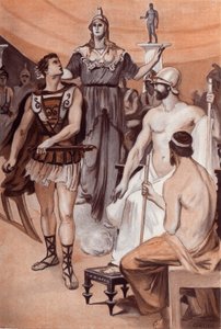 Querelle Achillesa i Agamemnona: Minerwa zstępująca z nieba zbliżyła się do Achillesa i chwyciła go za włosy, aby uniemożliwić mu wyciągnięcie miecza przeciwko Agamemnonowi. Ilustracja Clementa Gontiera (1876-1918) do „Iliady” Homere