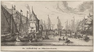 Różne statki i widoki Amsterdamu (Verscheÿde Schepen en Gesichten van Amstelredam), część II: Geldersche Quai i wieża Schreiers