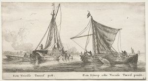 Różne statki i widoki Amsterdamu (Verscheÿde Schepen en Gesichten van Amstelredam), część II: Fryzyjska barka torfowa. Dÿnop, w pobliżu stawu torfowego Veensche autorstwa Clement de Jonghe