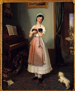 Młoda dziewczyna w mieszczańskim wnętrzu z dwoma psami. Obraz Clementine de Bar (1807-1856) XIX-wieczny Paryż, Galerie Garoche autorstwa Clementine de Bar