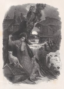 Noc, winieta dziewczyny w XVIII-wiecznym stroju zbierającej róże na rewersie, ok. godz. 1830-65. autorstwa Célestin Nanteuil