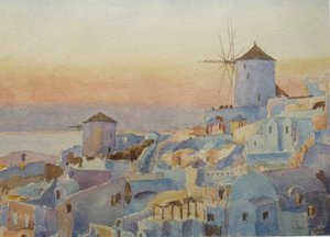 Santorini Oia – Zachód słońca, Czas rozświetlania, 2019 (akwarela)