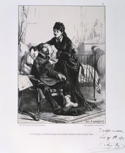 Wojna francusko-pruska 1870-1871: karmienie i karmienie rannego żołnierza. Z serii litografii Clementa Augusta Andrieux na temat Gardes Nationales.