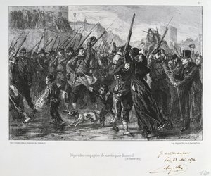Wojna francusko-pruska 1870-1871: Bitwa pod Buzenval (Góra Valerien) w pobliżu Wersalu 19 stycznia 1871. Garde National maszeruje do bitwy i klęski. Z serii litografii Clementa Augusta Andrieux na temat Gardes Nationales.