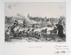 Wojna francusko-pruska 1870-1871: Odpędzanie stada owiec, aby uniemożliwić im wpadnięcie w ręce Prusów. Z serii litografii Clementa Augusta Andrieux na temat Gardes Nationales. autorstwa Clément Auguste Andrieux