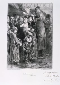 Wojna francusko-pruska 1870-1871. Oblężenie Paryża 19 września 1870-28 stycznia 1871. Narodowa jadłodajnia w Paryżu, styczeń 1871. Z serii litografii Clementa Augusta Andrieux na temat Gardes Nationales. Głód niedoboru żywności autorstwa Clément Auguste Andrieux