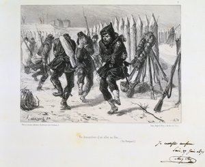 Wojna francusko-pruska 1870-1871. Oblężenie Paryża 19 września 1870-28 stycznia 1871. Żołnierze na wałach skaczą, żeby się ogrzać. Z serii litografii Clementa Augusta Andrieux na temat Gardes Nationales.