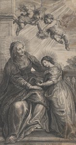 Wychowanie Matki Boskiej, z czytaniem św. Anny i Marii Panny z dwoma p..., ca. 1700-24. autorstwa Coenrad Waumans