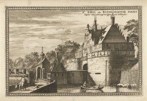 Widok na Waterslootse Poort w Delft St. Ioris lub Waterslootse Poort to nie Hof lub Hoge Vierschaer van Delflandt (tytuł na obiekcie) autorstwa Coenraet Decker (attributed to)