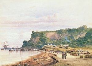 Lądowanie wojsk brytyjskich i francuskich w Varua nad Morzem Czarnym z H.M.S. Bellerophon, 17 lipca 1854 w wojnie krymskiej (akwarela) autorstwa Colonel Ben Hallewell