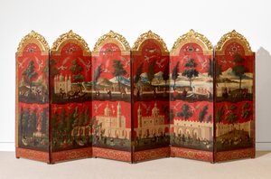 Biombo z widokami miasta Meksyk (olej na czerwonym lakierze maki-e na panelu, z pozłacanymi drewnianymi mocowaniami i lnianym podkładem) autorstwa Colonial Spanish