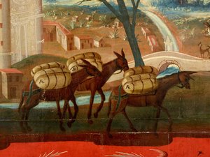 Biombo z widokami miasta Meksyk (olej na czerwonym lakierze maki-e na panelu, z pozłacanymi drewnianymi mocowaniami i lnianym podkładem) autorstwa Colonial Spanish