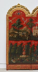Biombo z widokami miasta Meksyk (olej na czerwonym lakierze maki-e na panelu, z pozłacanymi drewnianymi mocowaniami i lnianym podkładem) autorstwa Colonial Spanish