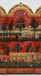 Biombo z widokami miasta Meksyk (olej na czerwonym lakierze maki-e na panelu, z pozłacanymi drewnianymi mocowaniami i lnianym podkładem) autorstwa Colonial Spanish