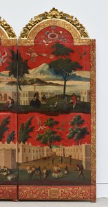 Biombo z widokami miasta Meksyk (olej na czerwonym lakierze maki-e na panelu, z pozłacanymi drewnianymi mocowaniami i lnianym podkładem) autorstwa Colonial Spanish