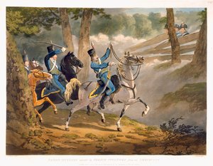 Saxon Hussars zaatakowani przez francuską piechotę z Ambuscade, z „Military Evolutions”, wyd. Ackermann, Londyn, 1799-1802