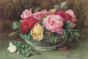 Martwa natura z miską różowych, żółtych i czerwonych róż, 1883 autorstwa Constance Lawson