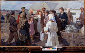 Wizyta premiera N. Chruszczowa w Kraju Stawropolskim, koniec lat 50. (olej na płótnie) autorstwa Constance Walton