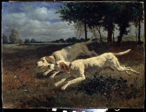 Biegnące psy. Obraz Constanta Troyona (1810-1865). Olej na płótnie, 75 x 11 cm autorstwa Constant Emile Troyon