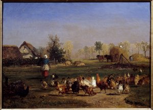 La Provende des hens La Basse cour (Basse-cour). Obraz Constanta Troyona (1810-1865) XIX w. Niedz. 0,51x0,7 m - Paster kur. Gospodarstwo. Obraz Constanta Troyona (1810-1865) autorstwa Constant Emile Troyon