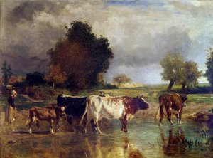 Krowa i cielęcina nad stawem lub poidłem Obraz Constanta Troyona (1810-1865) XIX w. Ndz. 0,78x1,03 m²