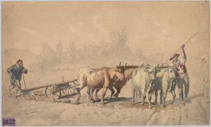 Cztery woły ciągnące pług, 1853.