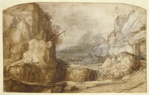 Górski krajobraz (długopis, brązowy tusz, pędzel i kreda na papierze) autorstwa Constantin Daniel van Renesse