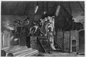 Wewnątrz naczynia szklanego, w Lodelinsart (lub Lodlinsat, w miejscowości Charleroi). Grawer autorstwa Constanta Meuniera, aby zilustrować historię „Belgia” autorstwa Camille Lemonnier (1844-1913) belgijskiego pisarza. Opublikowano w Le Tour du monde, nouv autorstwa Constantin Emile Meunier