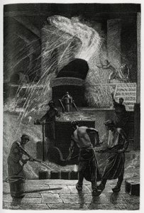 Odlewanie stali w zakładach Cockerill w Seraing. Grawer autorstwa C.Meuniera ilustrujący historię „La Belgique” autorstwa Camille Lemonnier (1844-1913), pisarza i krytyka sztuki. autorstwa Constantin Emile Meunier