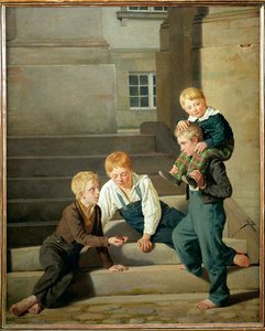 Chłopcy grający w kości przed pałacem Christiansborg w Kopenhadze (obraz na płótnie) autorstwa Constantin Hansen