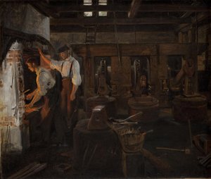 Wnętrze starego młyna młotkowego w Hellebæk autorstwa Constantin Hansen