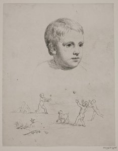 Górny portret T. N. Thiele jako dziecka, poniżej czterech chłopców grających w piłkę autorstwa Constantin Hansen