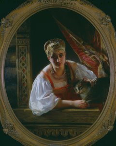 Rosyjska piękność z kotem autorstwa Constantine Egorovitch Makovsky