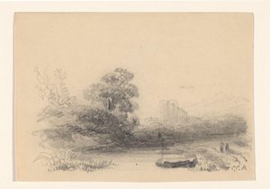 Krajobraz z wodą i łodzią wiosłową autorstwa Constantinus Cornelis Huysmans (signed by artist)