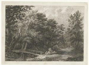 Widok na las z drewnianym mostem autorstwa Constantinus Cornelis Huysmans