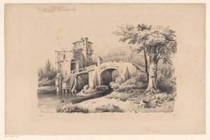 Krajobraz z mostem i wieżą fortecy Krajobraz (tytuł serii) autorstwa Constantinus Cornelis Huysmans