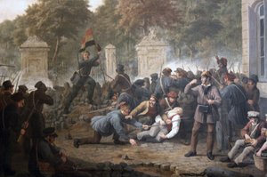 Rewolucyjna barykada naprzeciw Parku Brukselskiego podczas walk między belgijskimi rebeliantami a siłami holenderskimi w 1830 r autorstwa Constantinus Fidelio Coene