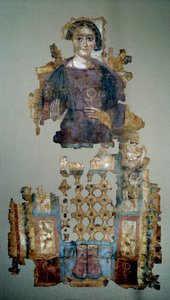 Sztuka koptyjska: fragment malowanego płóciennego całunu przedstawiający młodą kobietę zwaną damą krzyża ansee. Z Antinoupolis. IV wiek naszej ery. Paryż, Luwr
