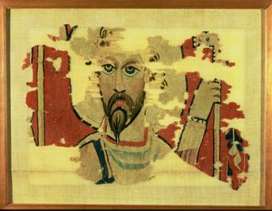 Tkana zawieszka przedstawiająca głowę św. Teodora, z Achmimu w Egipcie, ok. 500-600 (gobelin z wełny)