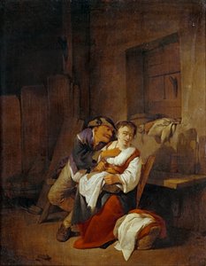 Stary mężczyzna siłujący się z młodą kobietą we wnętrzu ... autorstwa Cornelis Bega